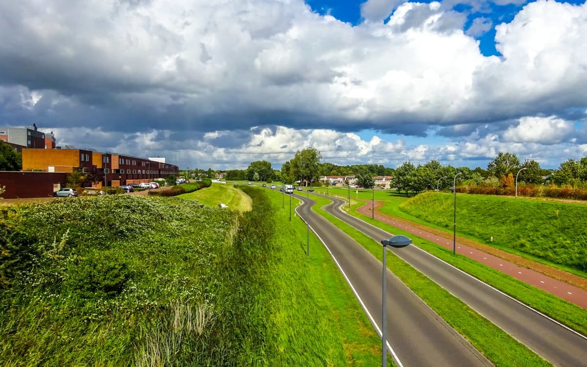 Weg door een groen landschap onder een bewolkte lucht